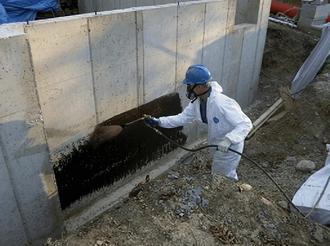 Professional waterproofing the exterior walls of the basement in Green Bay, WI